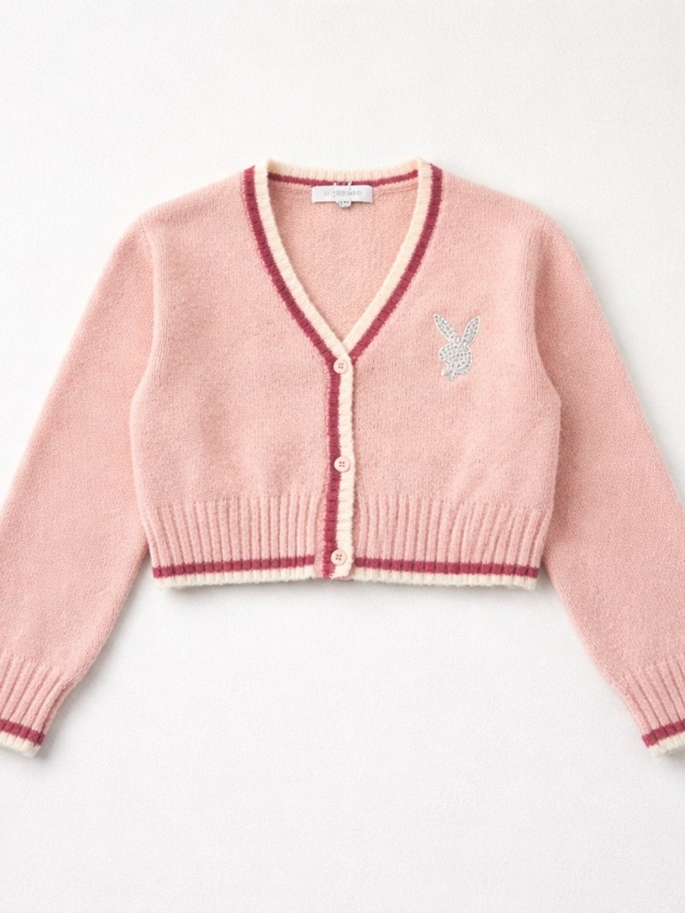 Embroidered Bunny Pink Cropped Cardigan